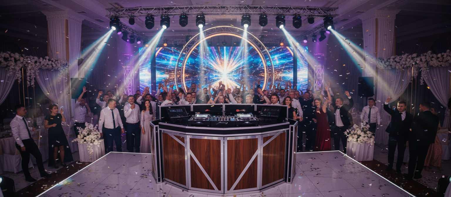 DJ nunta Botosani cu fum greu si ecran LED in sala cu candelabre