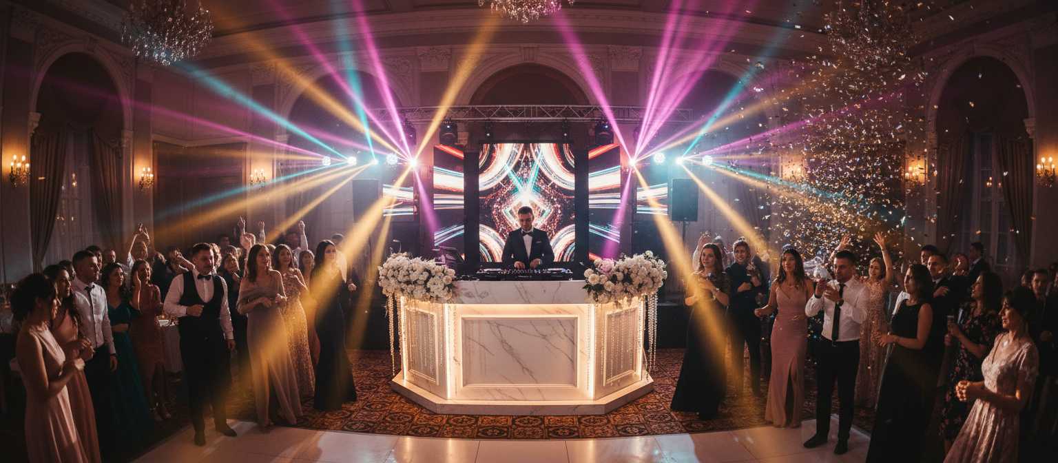 Lumini beam si DJ pe scena la o petrecere de nunta in Botosani